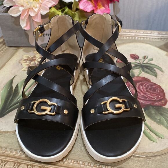 Guess GBG GG Karin Strappy Gold Hardware Zip Back Vegan Sandals Black Sz 6 - Picture 3 of 15